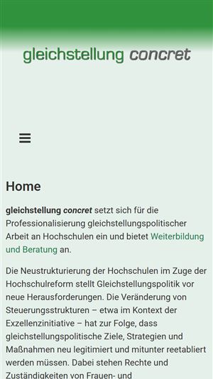 Mobile Ansicht der Startseite von gleichstellung-concret.de