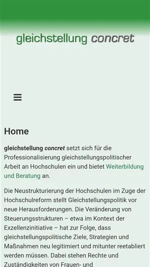 Mobile Ansicht der Startseite von gleichstellung-concret.de